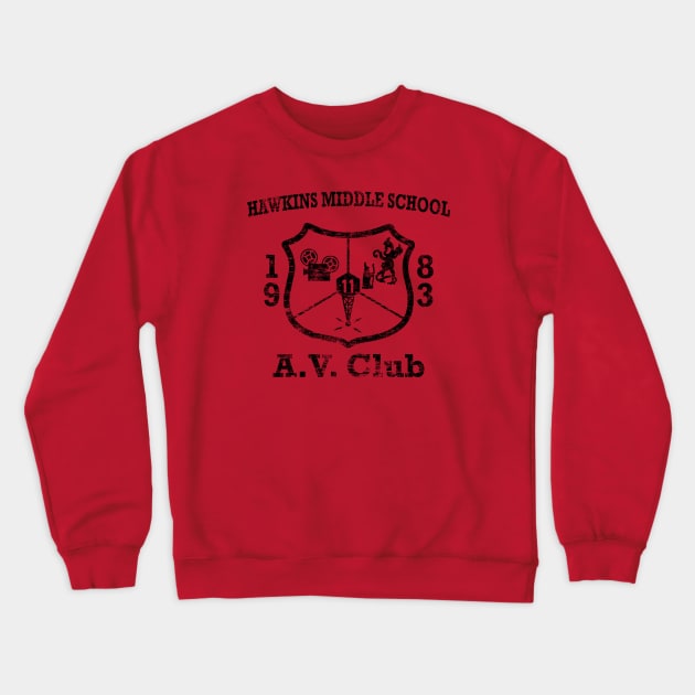Hawkins Middle School A.V. Club Weathered Black Crewneck Sweatshirt by Smidge_Crab